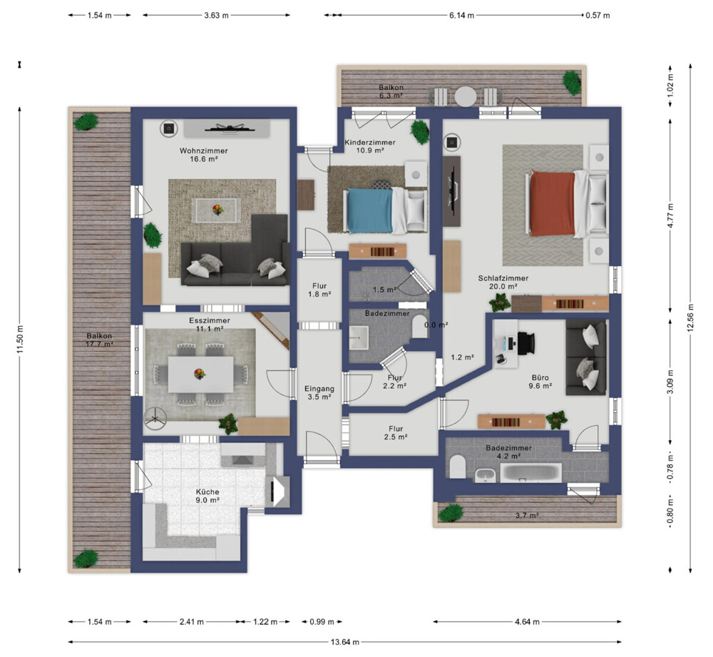 Wohnzimmer, Esszimmer, Küche, 3 Schlafzimmer, 2 Bäder und drei Balkonen..