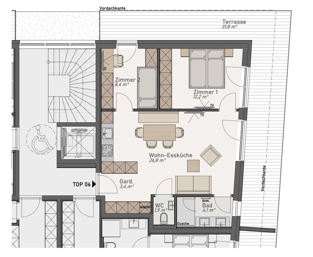 OG Top 6-  31 m²   Terrasse  und offenes Ambiente sowie 2  Schlafzimmer, Bad und sep. WC auf nur 56 m²