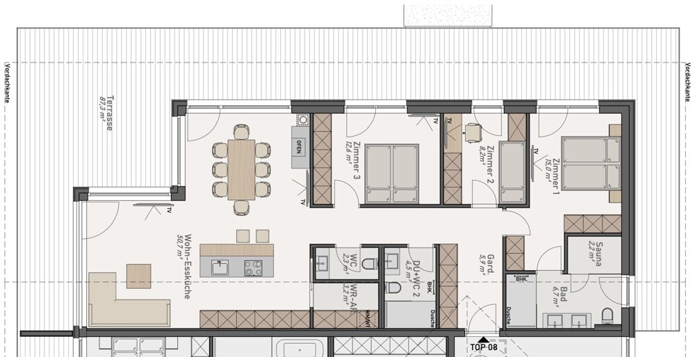 DG Top 8-  111 m² Offenes Raumwunder mit 3 Schlafzimmern, 2 Bädern, 3 WCs, 87 m² Terrasse