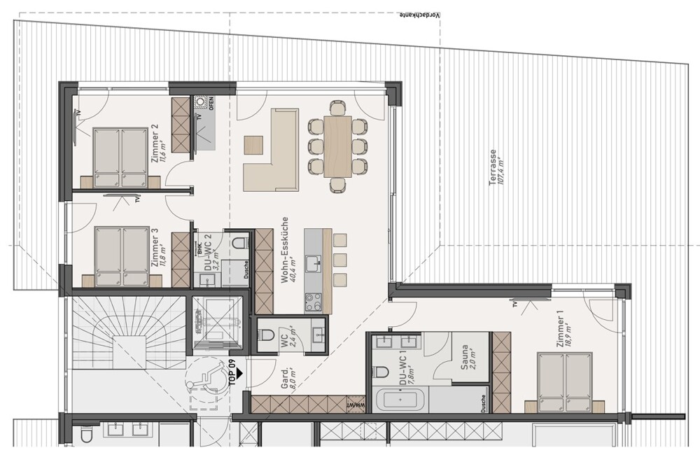 DG Top 9-  1o6 m² Offenes Raumwunder mit 3 Schlafzimmern, 2 Bädern, 3 WCs, 107 m² Terrassse uuuund Sauna