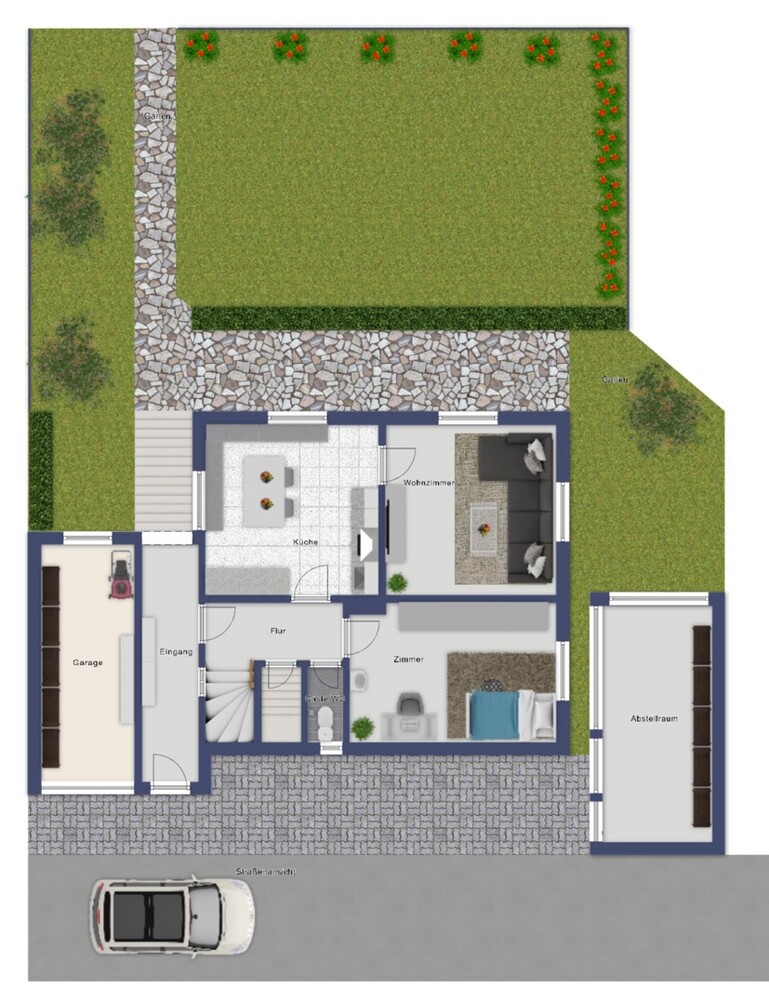 Erdgeschoß mit Garage Garten und Holzschuppen
