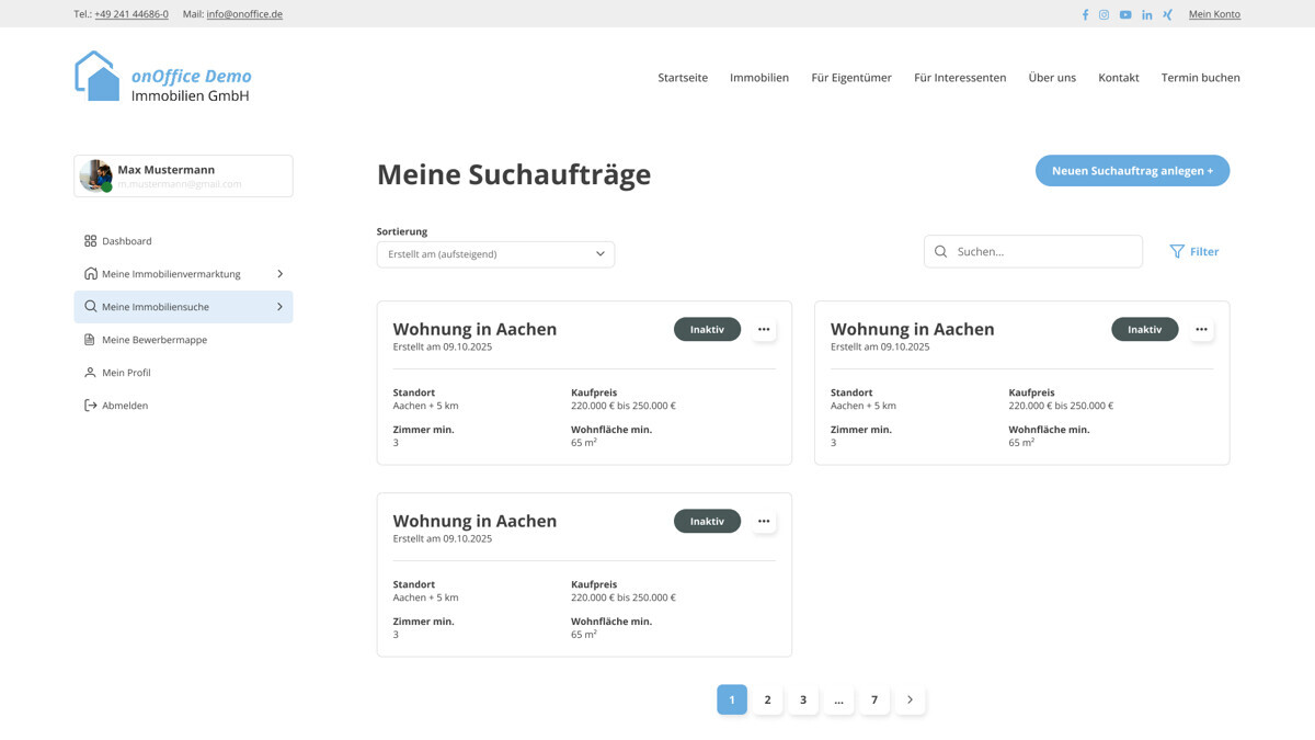 Suche - Meine Suchaufträge - Liste - Beispiel nach Deaktivieren