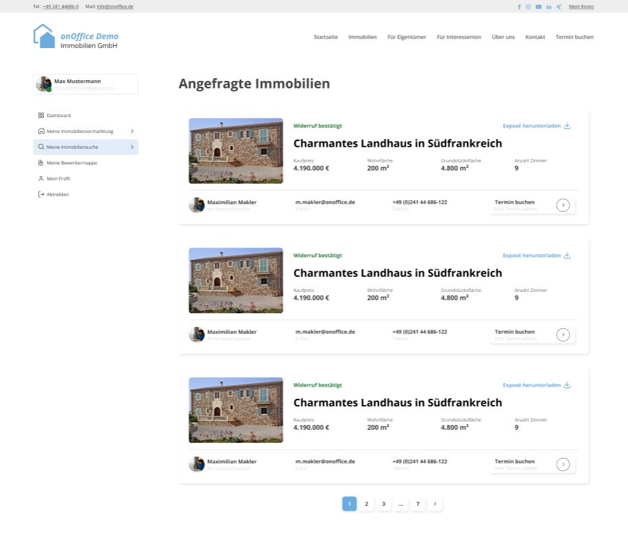 Suche - Angefragte Immobilien - Liste - Wiederruf bestätigt