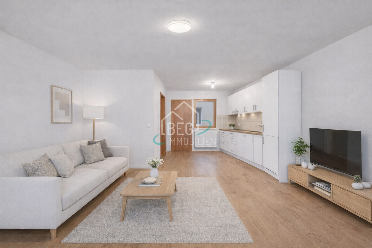 virtuell bearbeiteter Wohnbereich mit Küche