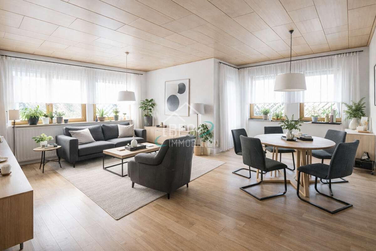 virtuell möblierter Wohn-Essbereich