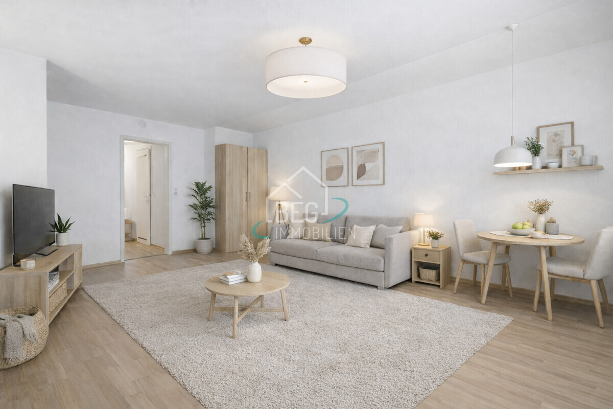 virtuell möblierter Schlaf- und Wohnbereich