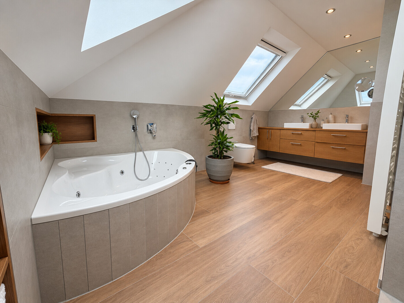 Badezimmer mit Whirlpoolwanne und Doppelwaschtisch