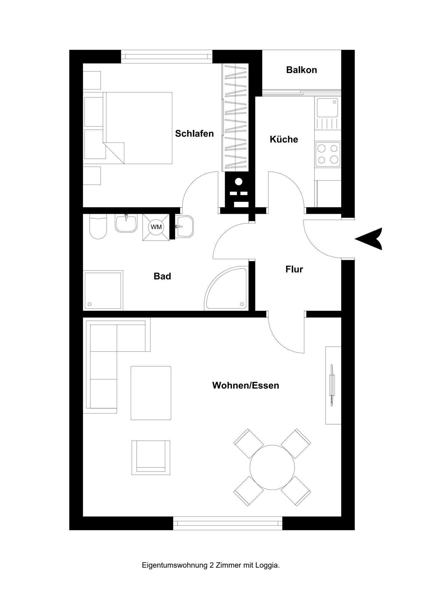 Grundriss der Zwei-Zimmer Wohnung