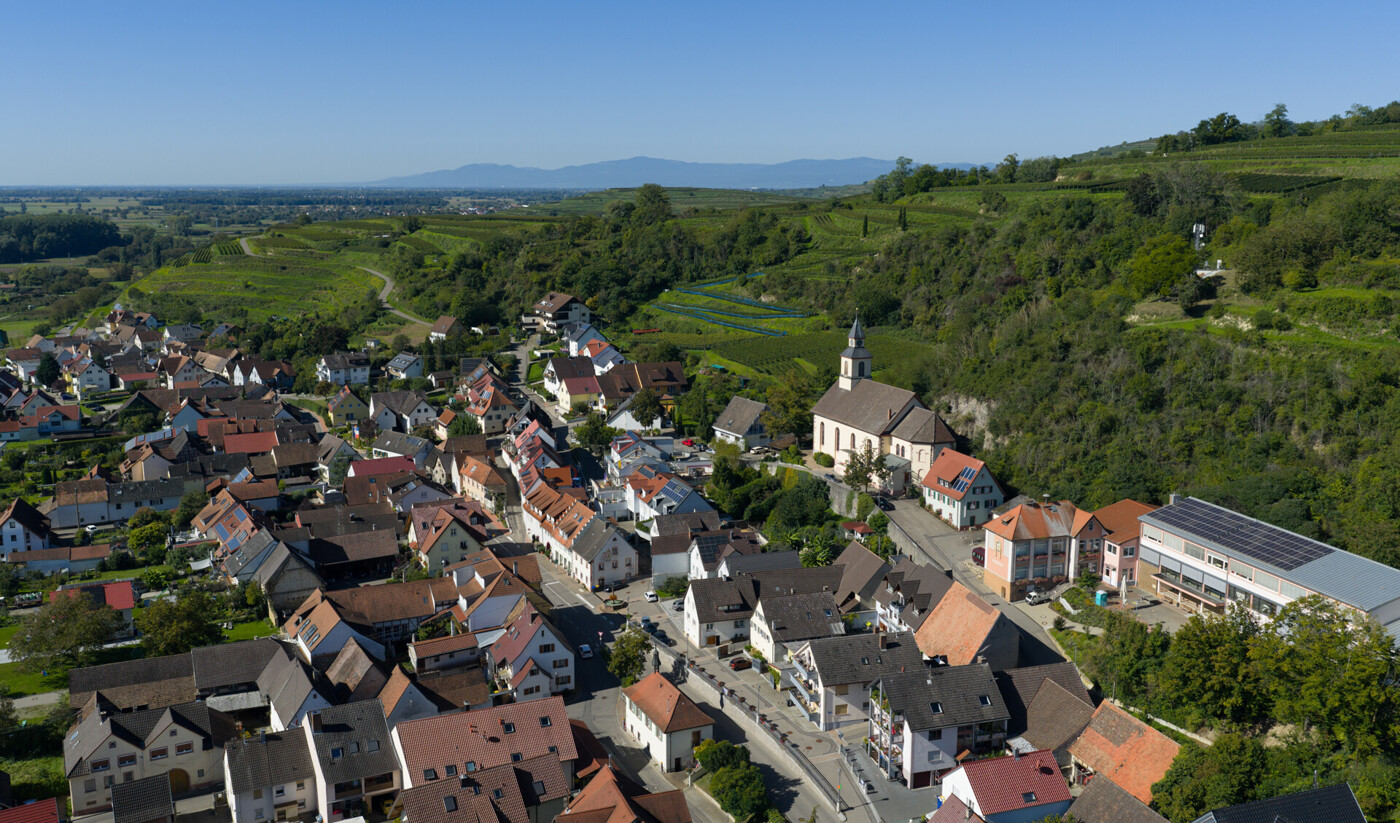 Blick über den Ort auf den Kaiserstuhl und Vogesen