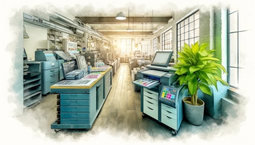 2024-04-04 17.16.23 - Transform the image of a print and copy shop interior into a watercolor painting. The shop is filled with a range of modern printing and binding equip