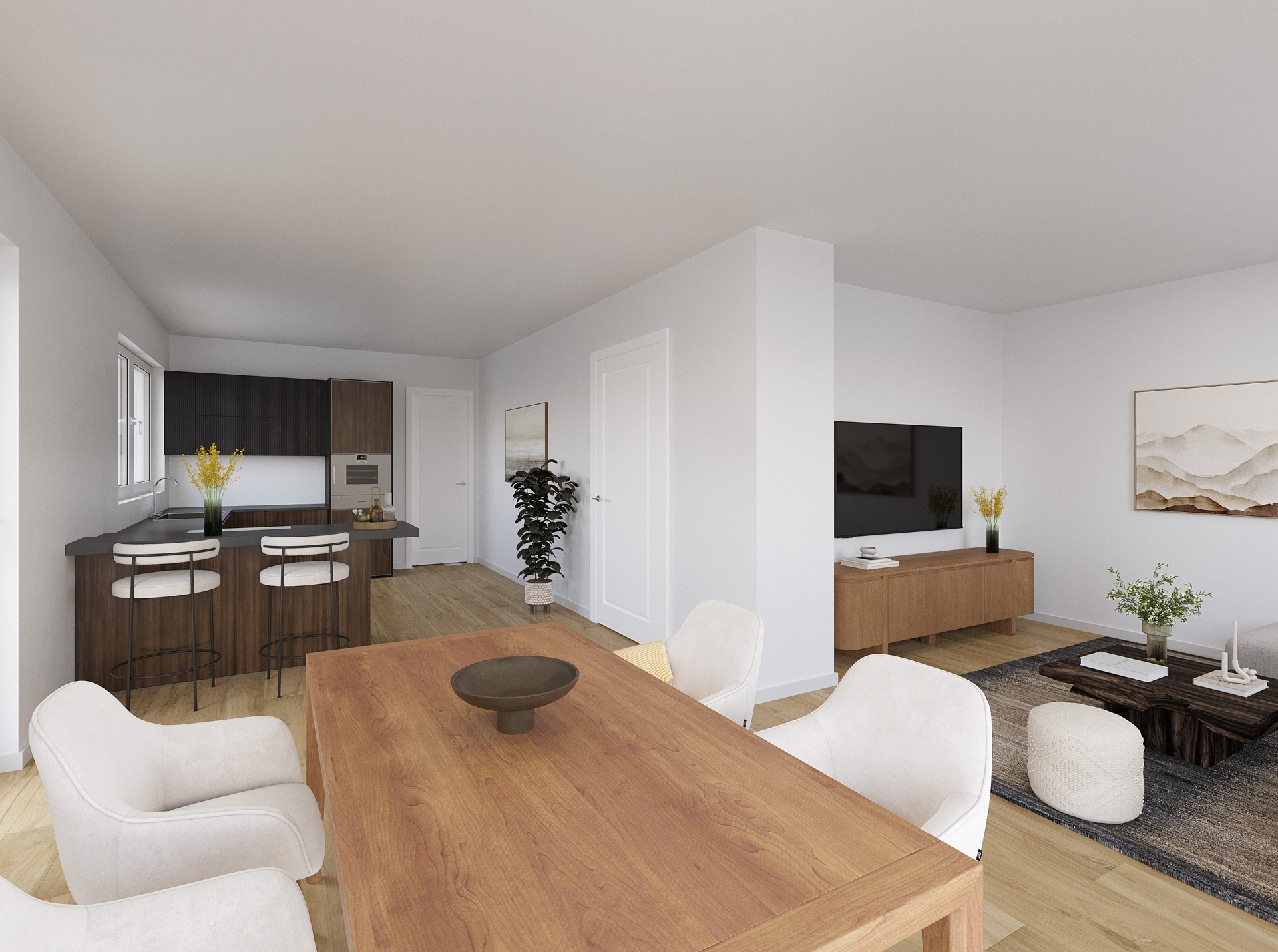 Visualisierung Wohn-/Esszimmer l Offene Küche