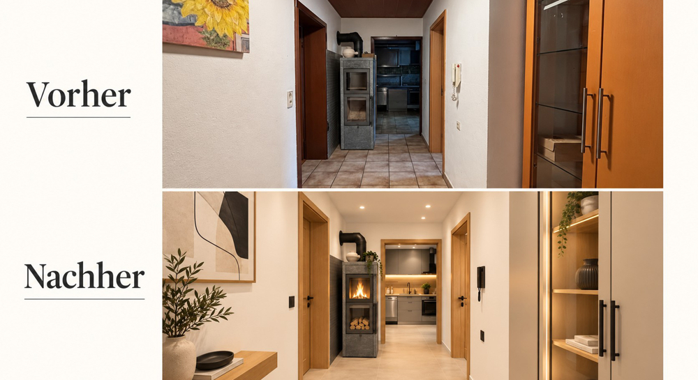Flur - IST-Zustand vs. Virtuelles Home Staging (Einrichtungsvorschlag)
