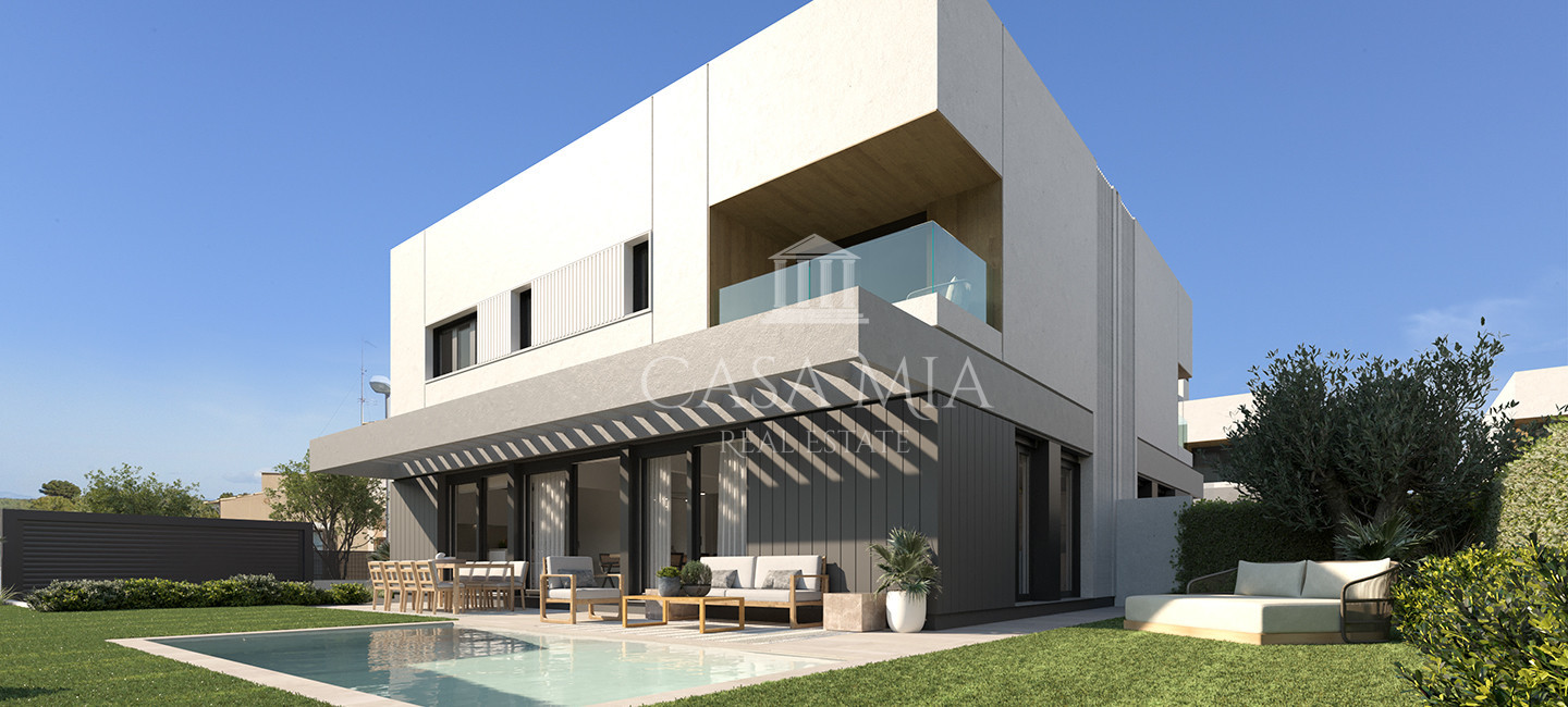 Nowoczesny nowy dom w zabudowie bliźniaczej z tarasem na dachu i basenem, Puig de Ros