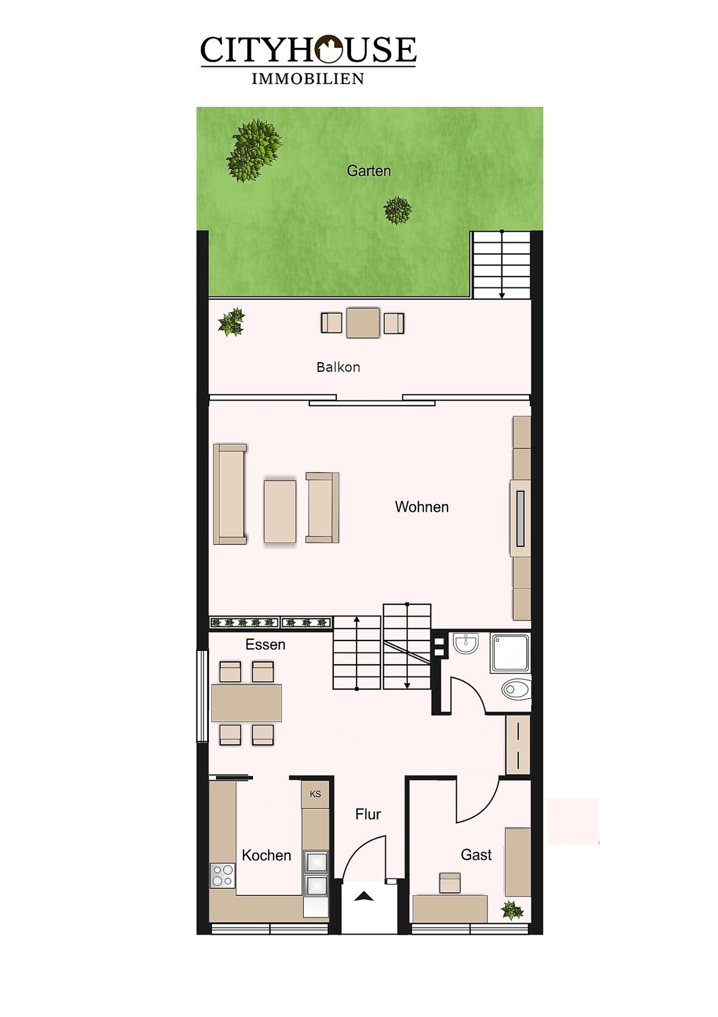 Erdgeschoss mit großem Balkon und Zugang zum Garten