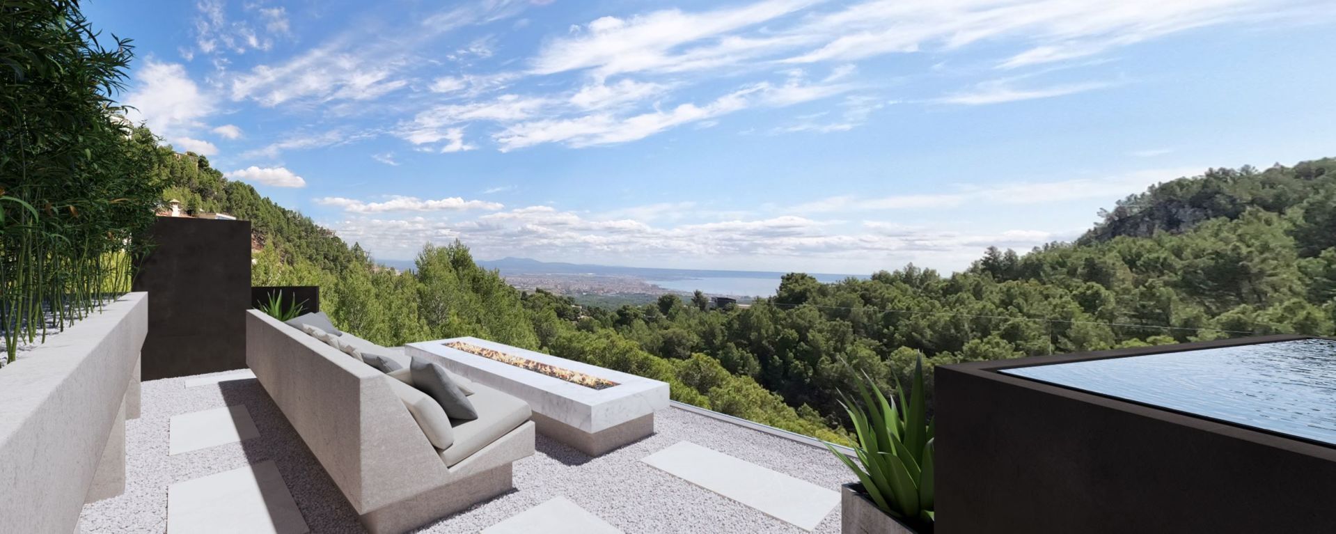 Blick von der Dachterrasse mit Kamin und Pool