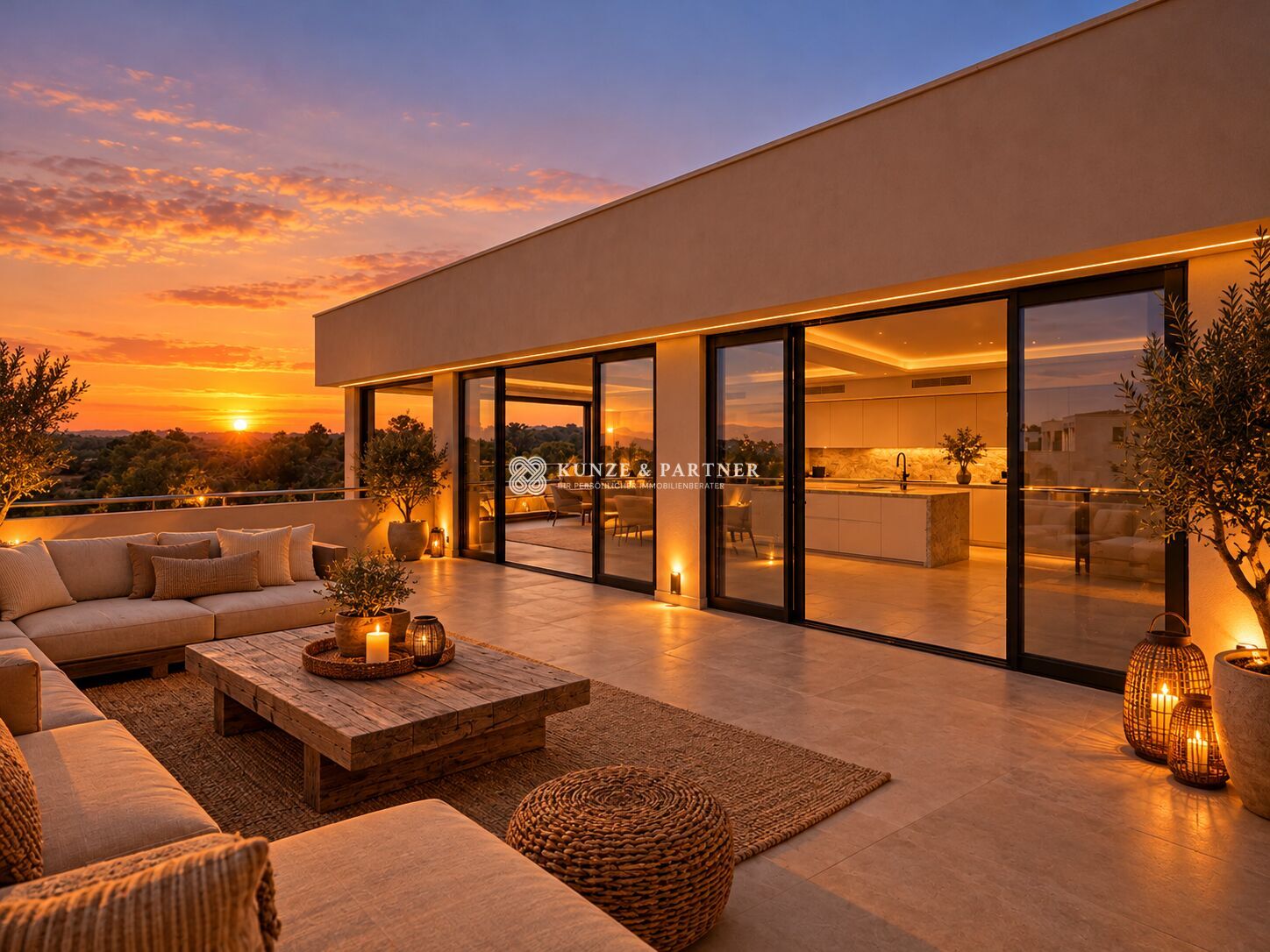 Moderne Dachterrasse im Sonnenuntergang (1)