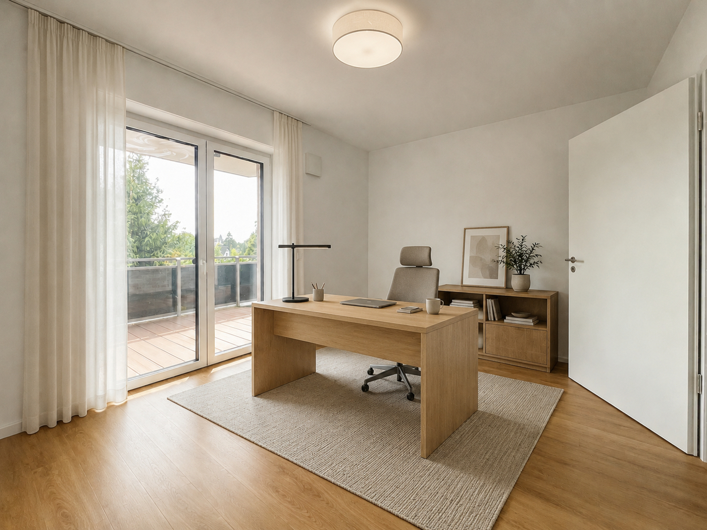 Stilvolles Japandi-Homeoffice im warmen Tageslicht