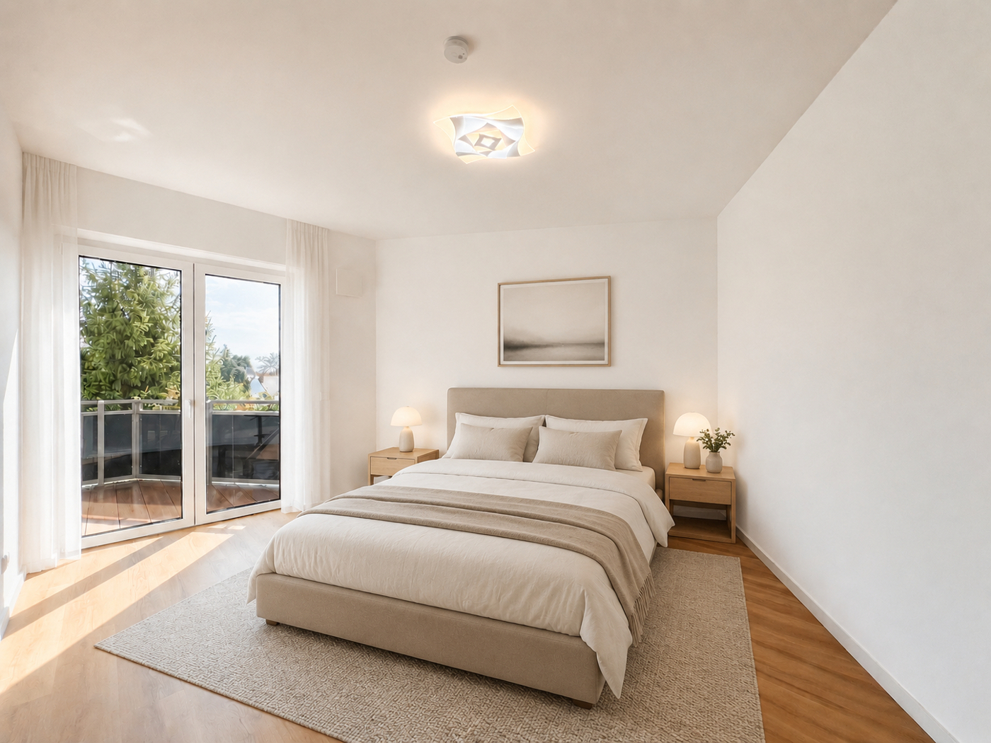 Helles Schlafzimmer mit Balkonblick