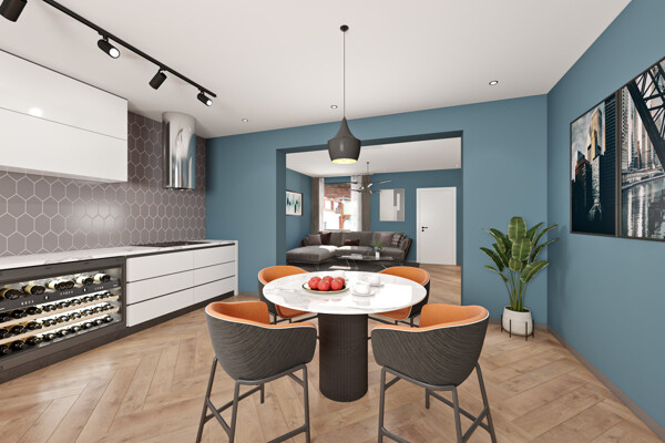 Visualisiertes Wohnbeispiel Blick aus der Küche in den Wohnbereich