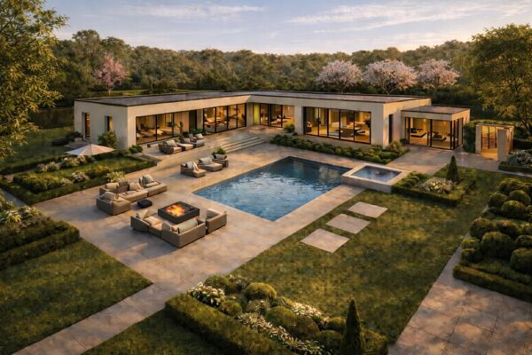 Moderne Gartenlandschaft mit Pool und Feuerpit & Obstbäume