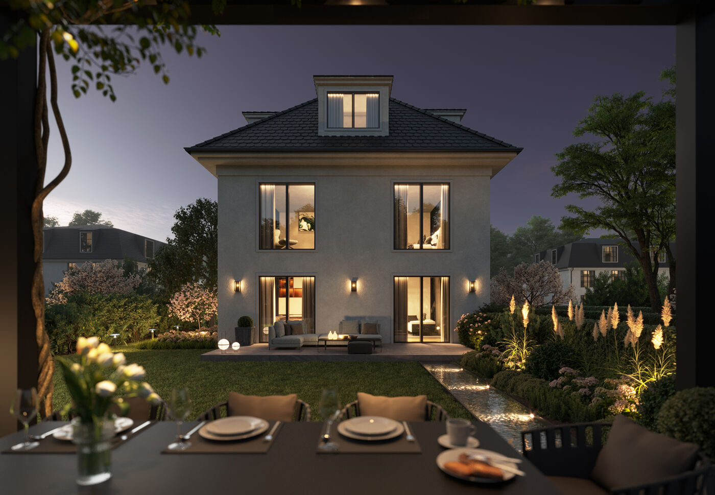 Gartenansicht bei Nacht