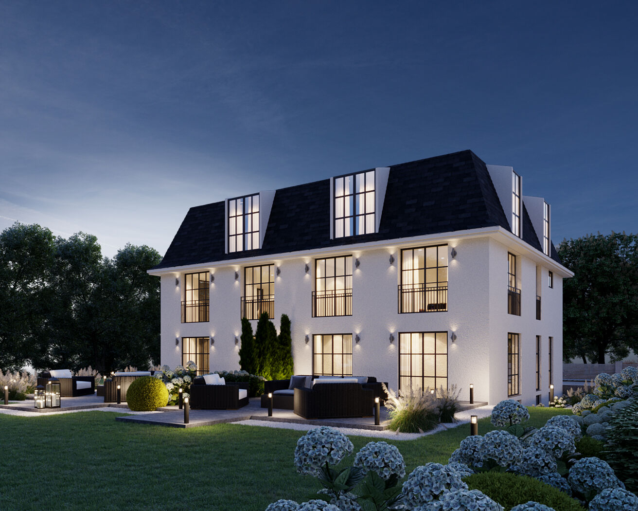 Gartenansicht bei Abenddämmerung_Visualisierung