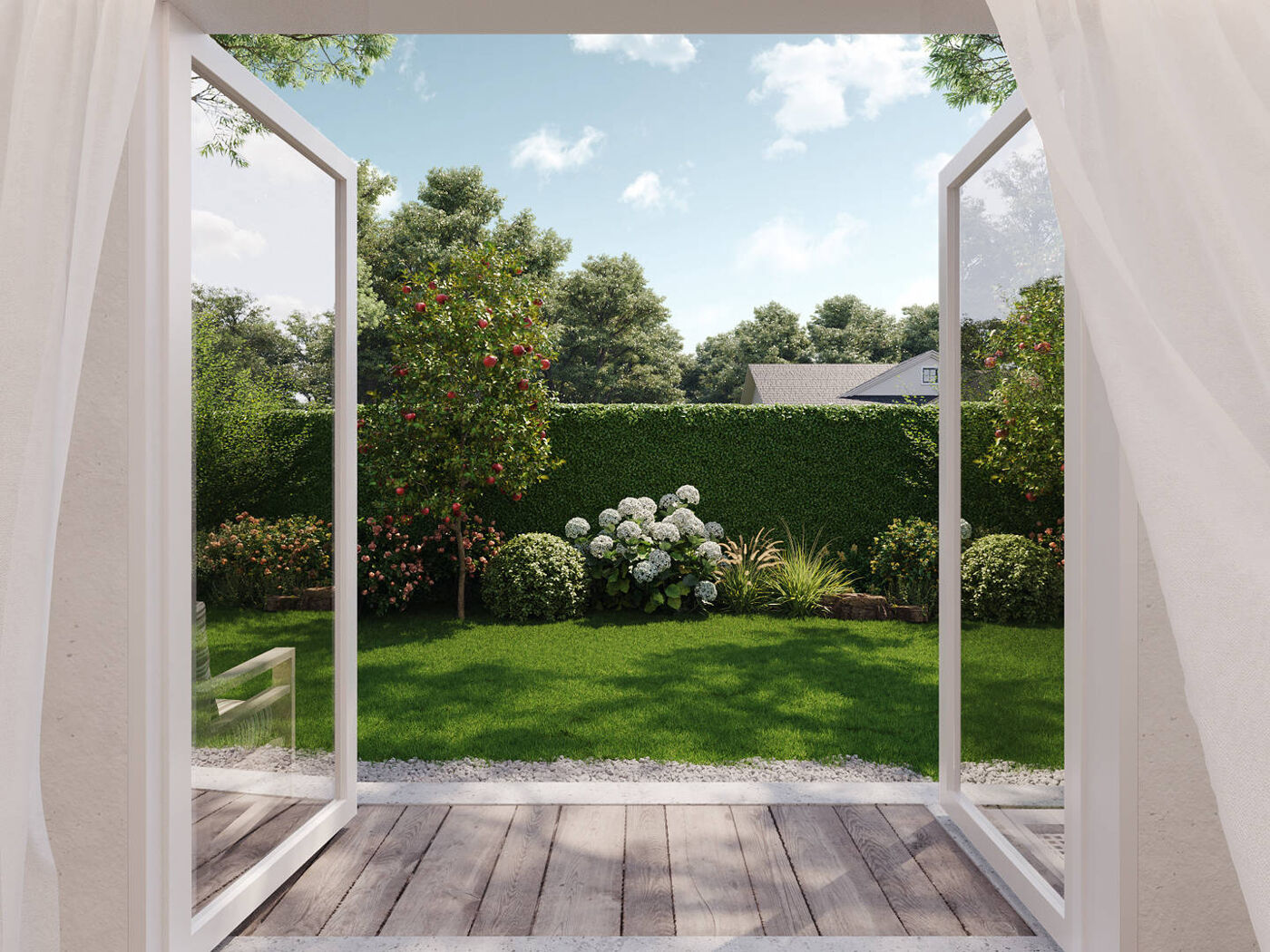 Visualisierung Gartenansicht Sichtschutzhecke von der Terrasse aus