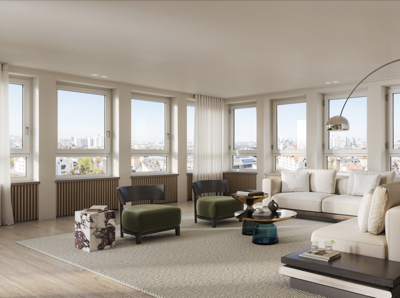 Visualisierung: Wohnzimmer mit Panoramaeckverglasung