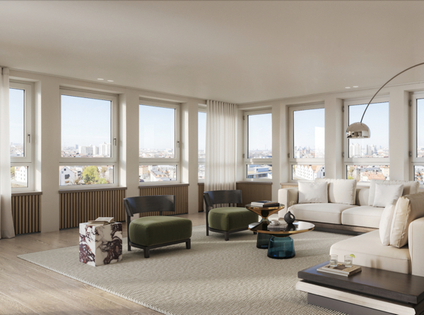 Visualisierung: Wohnzimmer mit Panoramaeckverglasung
