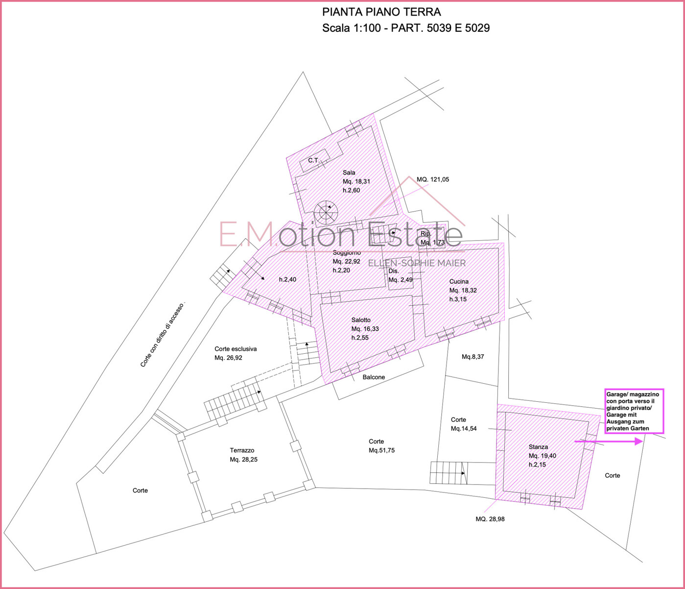 Piano terra - Erdgeschoss und Garage im Hof zum Garten BGF121,05m2_Tremosine
