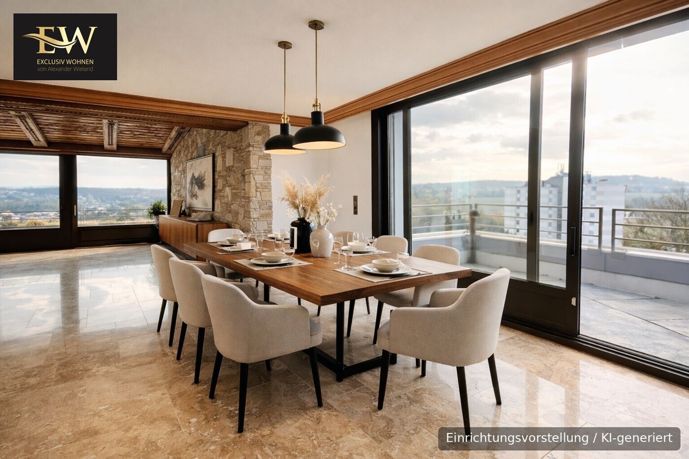 Esszimmer vom Penthouse mit Schiebefenster und KI generierter Möbelstellung