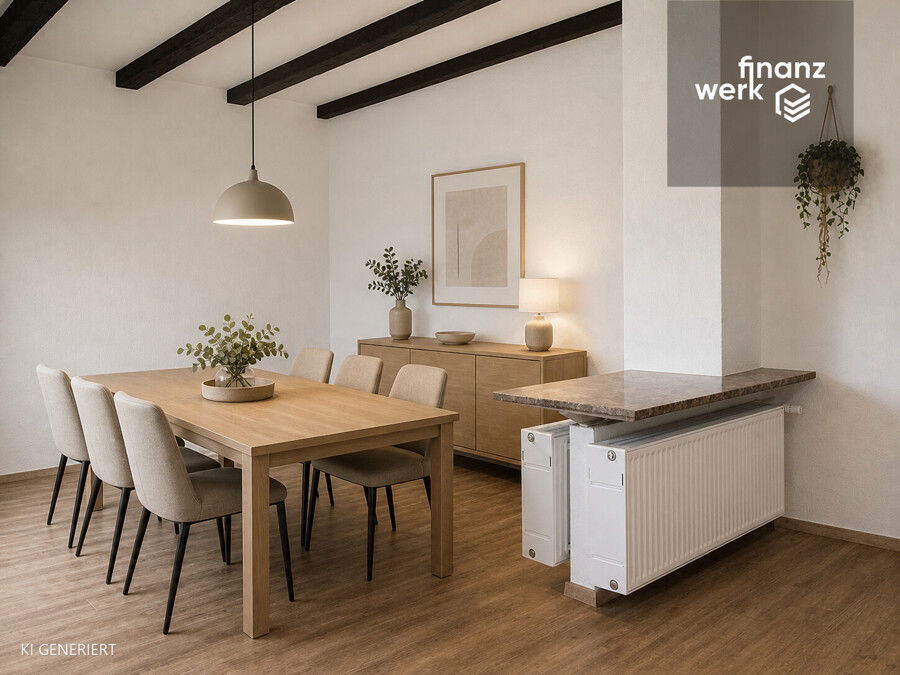 Platz für zwei Generationen: freistehendes Haus mit Panoramablick in Hagen-Haspe – Wohn-Essbereich virtuelles Homestaging
