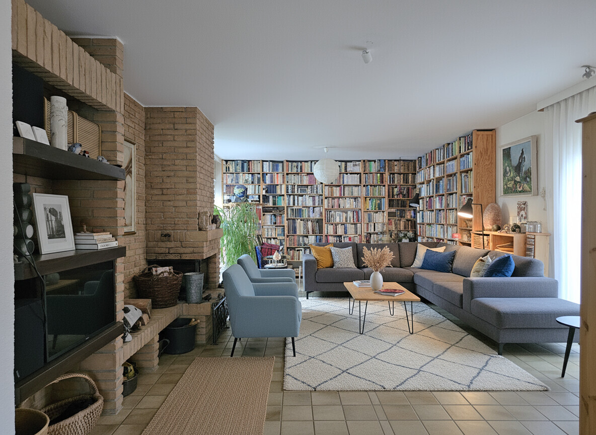 großzügiges Wohnzimmer mit Kamin