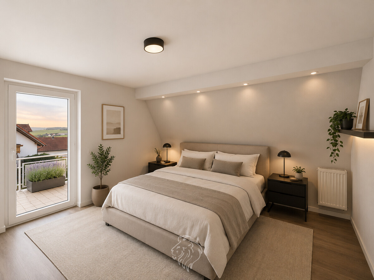 Schlafzimmer visualisiert - Dieses Bild wurde virtuell möbliert und dient der Veranschaulichung.