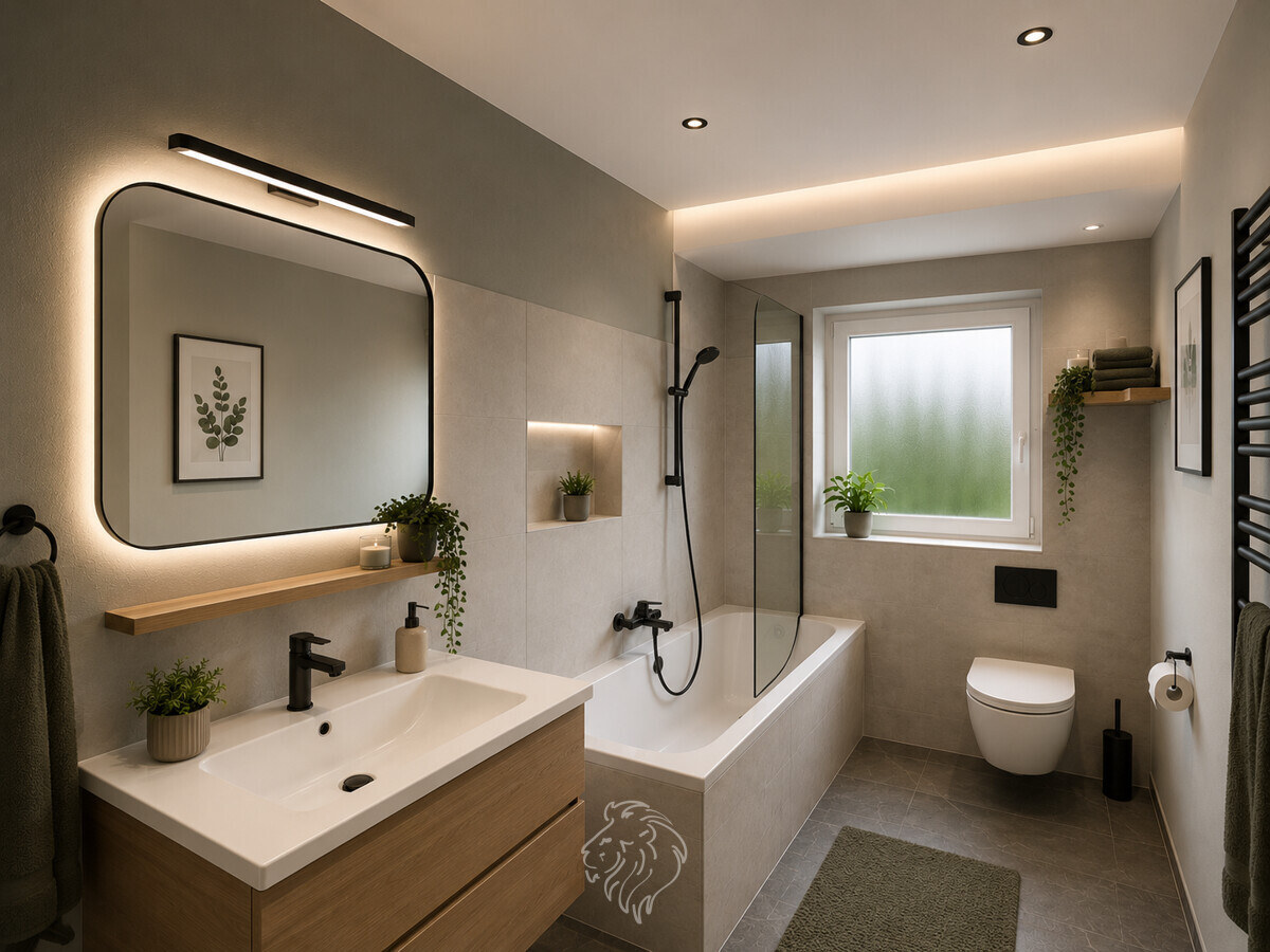 Badezimmer OG visualisiert - Dieses Bild wurde virtuell möbliert und dient der Veranschaulichung.