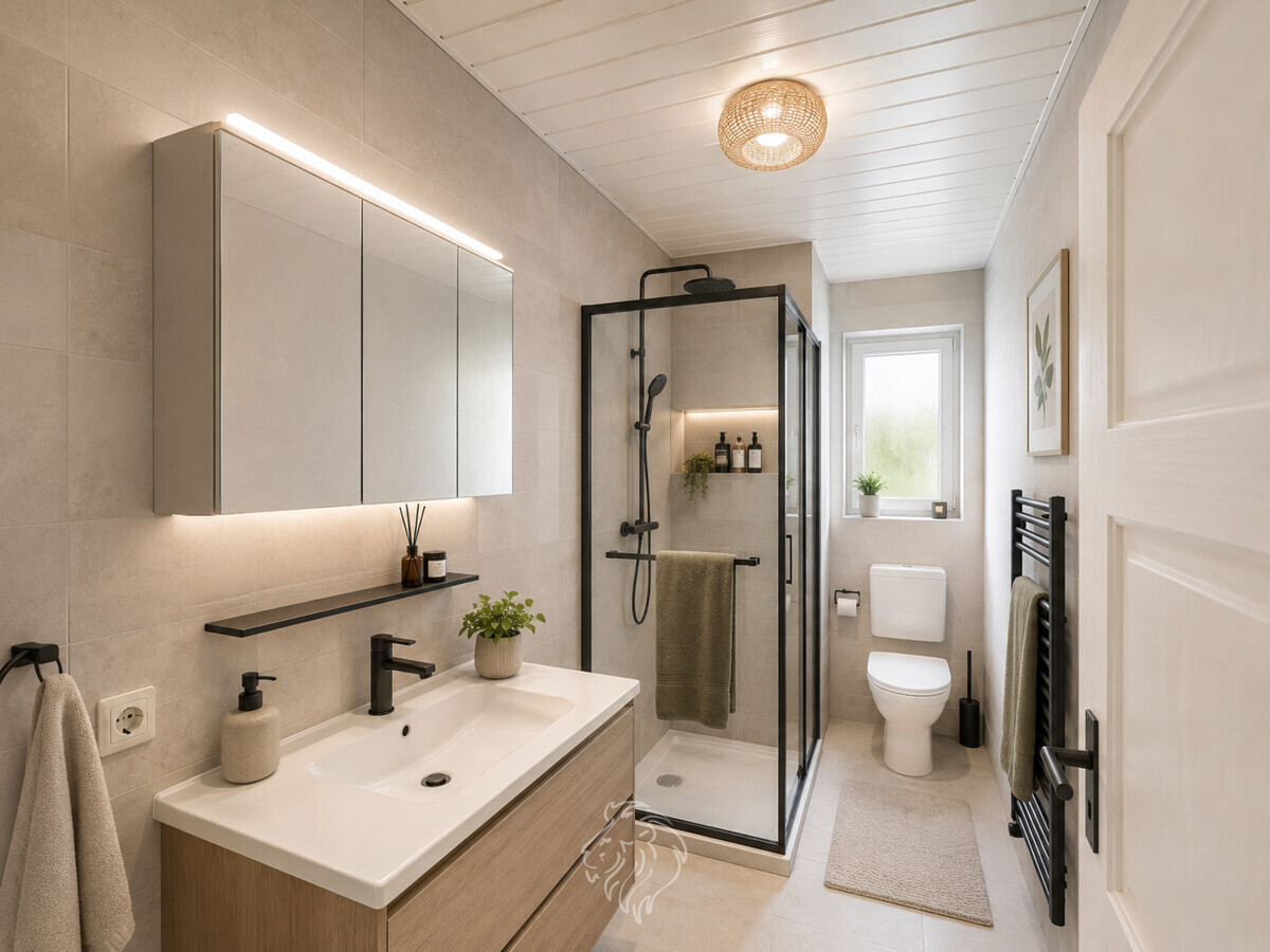 Badezimmer visualisiert - Dieses Bild wurde virtuell möbliert und dient der Veranschaulichung.
