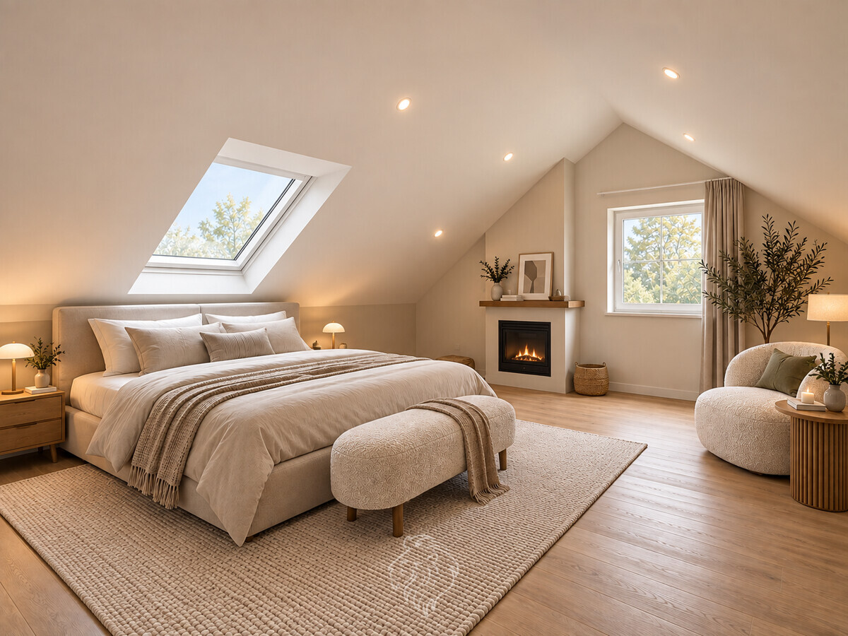 Schlafzimmer OG visualisiert - Dieses Bild wurde virtuell möbliert und dient der Veranschaulichung.