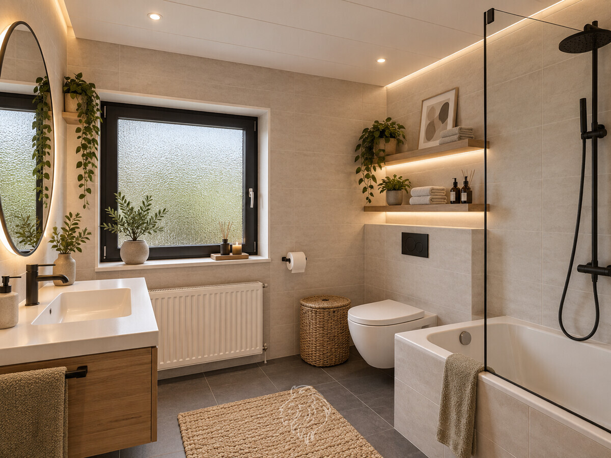 Badezimmer UG visualisiert - Dieses Bild wurde virtuell möbliert und dient der Veranschaulichung.