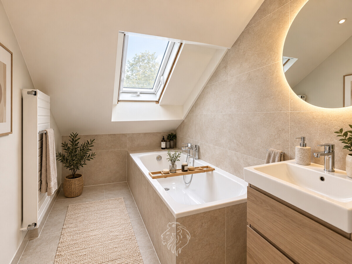 Badezimmer OG visualisiert - Dieses Bild wurde virtuell möbliert und dient der Veranschaulichung.