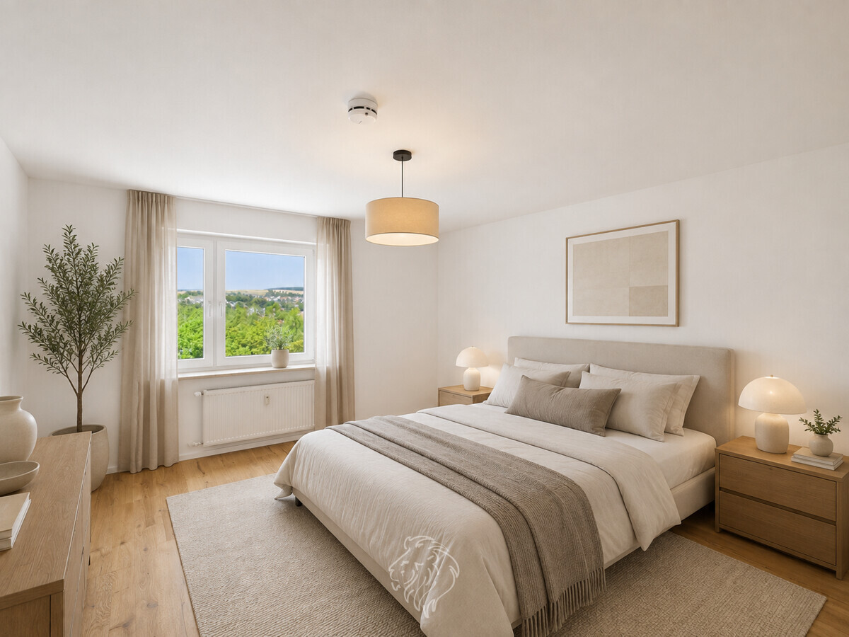 Schlafzimmer visualisiert - Dieses Bild wurde virtuell möbliert und dient der Veranschaulichung.