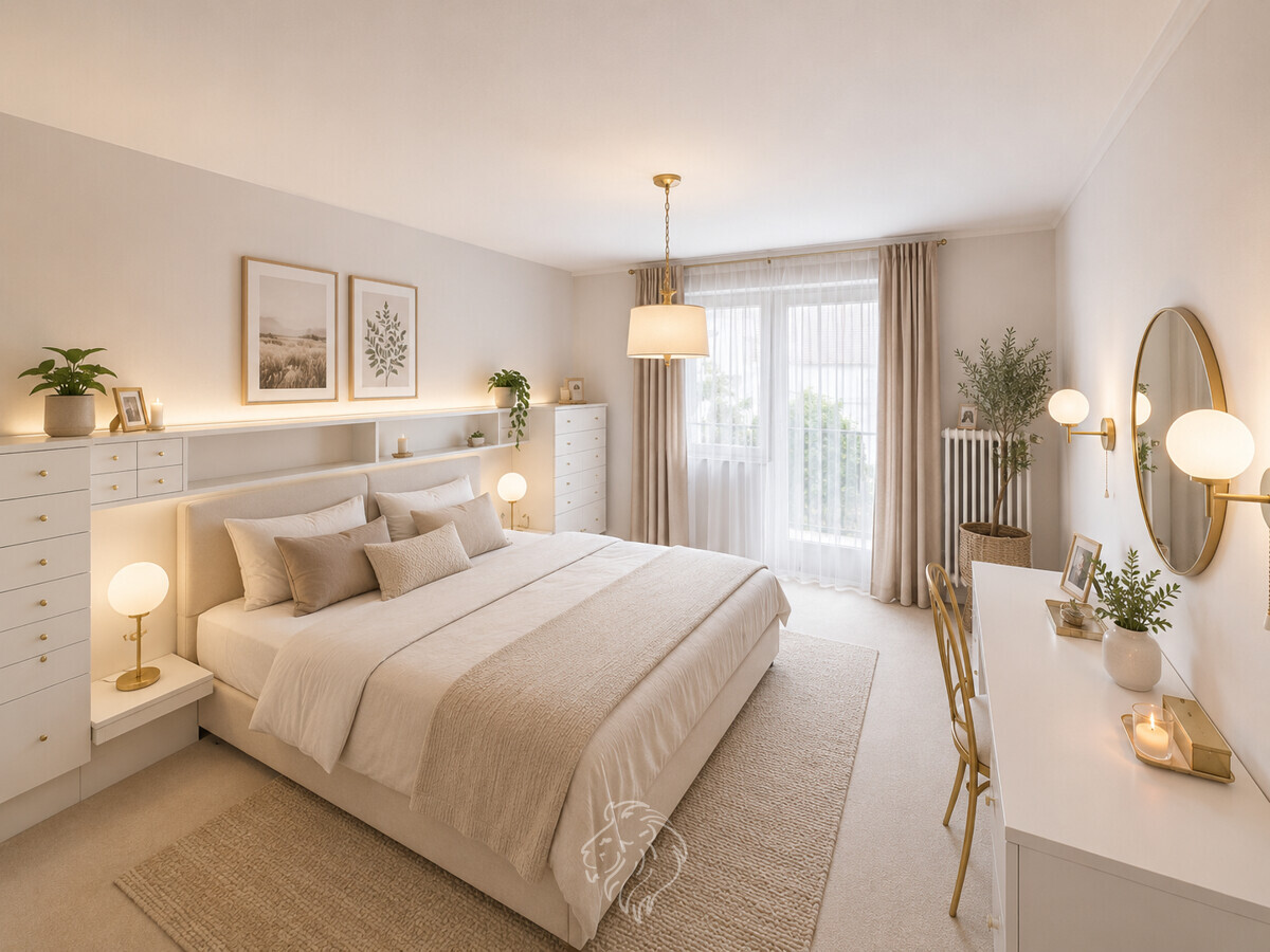 Schlafzimmer OG visualisiert - Dieses Bild wurde virtuell möbliert und dient der Veranschaulichung.