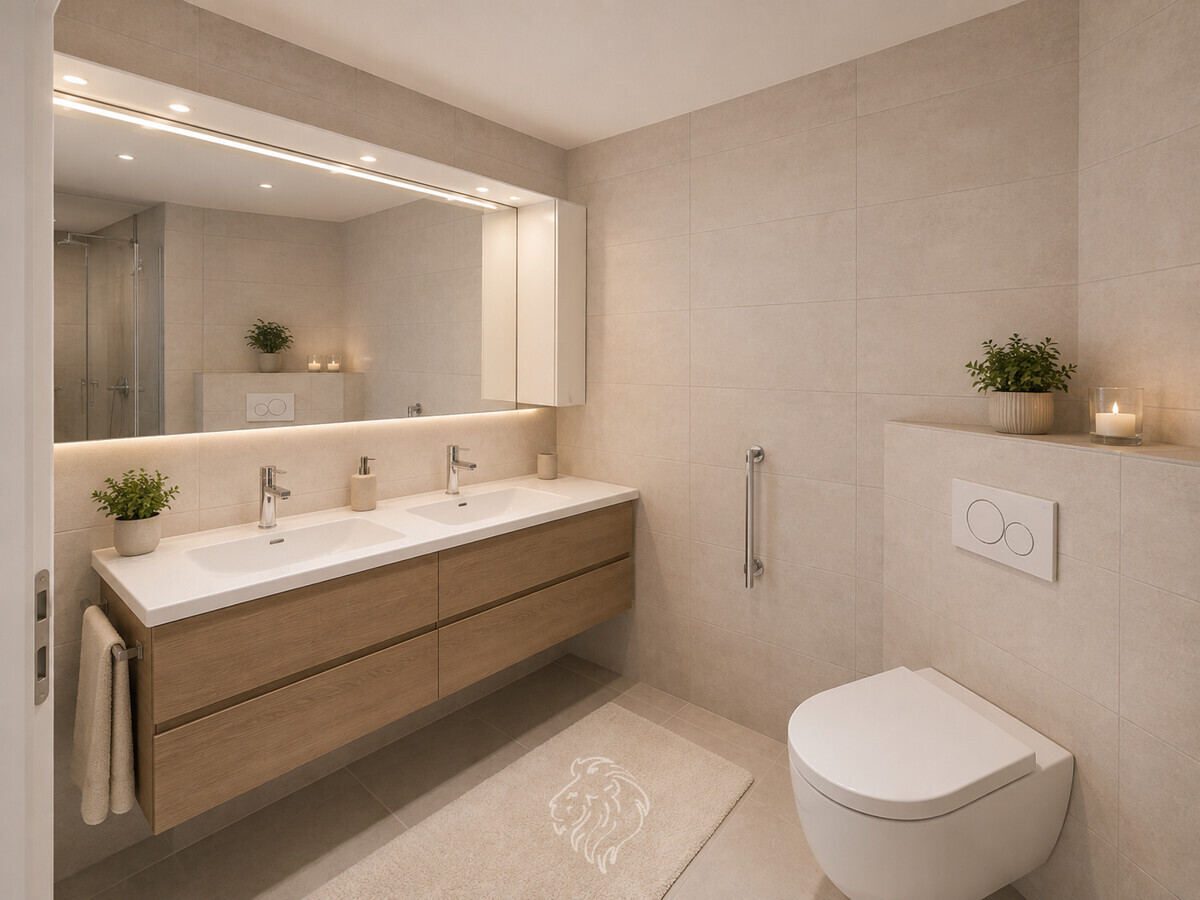 Badezimmer OG visualisiert - Dieses Bild wurde virtuell möbliert und dient der Veranschaulichung.