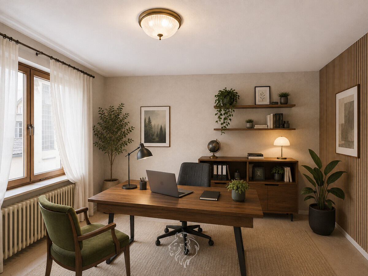 Arbeits-/Gästezimmer OG visualisiert - Dieses Bild wurde virtuell möbliert und dient der Veranschaulichung.