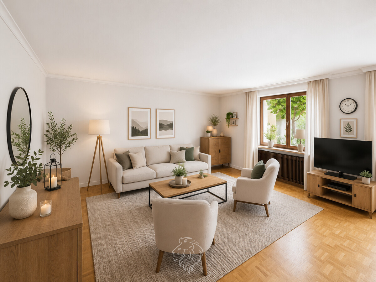 Wohnzimmer EG visualisiert - Dieses Bild wurde virtuell möbliert und dient der Veranschaulichung.