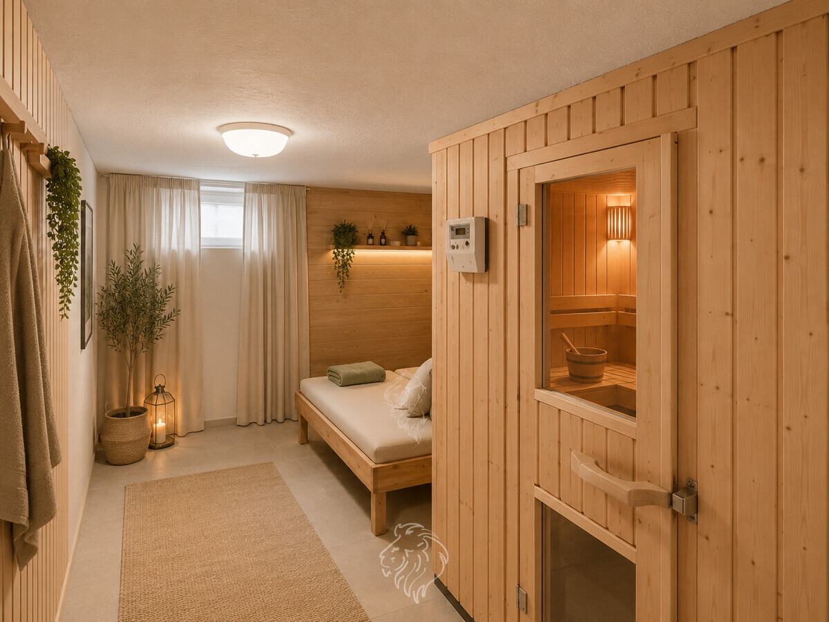 Sauna UG visualisiert - Dieses Bild wurde virtuell möbliert und dient der Veranschaulichung.