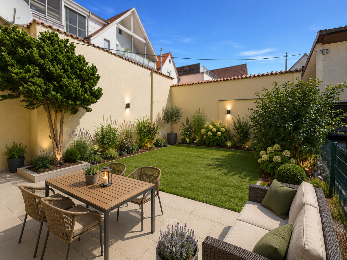 Garten visualisiert - Dieses Bild wurde virtuell möbliert und dient der Veranschaulichung.