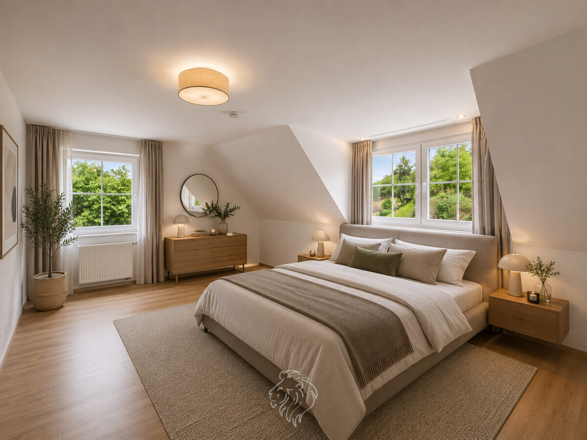 Schlafzimmer visualisiert - Dieses Bild wurde virtuell möbliert und dient der Veranschaulichung.