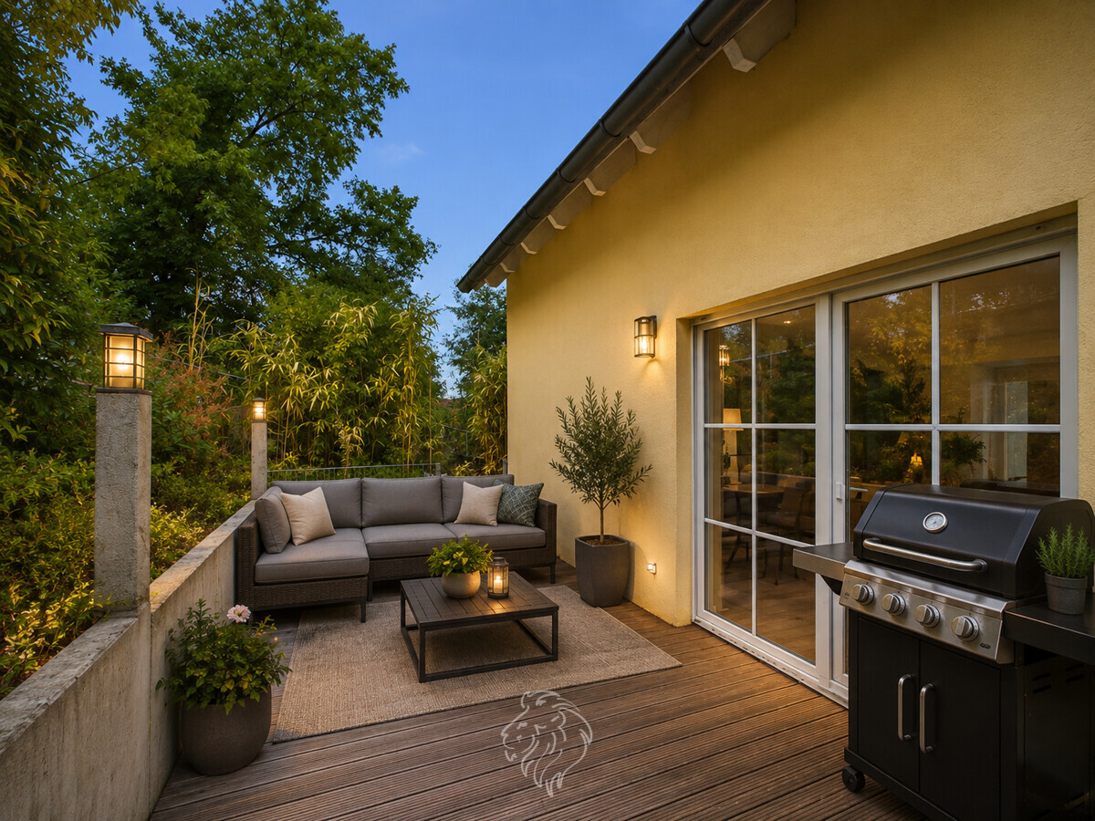 Terrasse visualisiert - Dieses Bild wurde virtuell möbliert und dient der Veranschaulichung.
