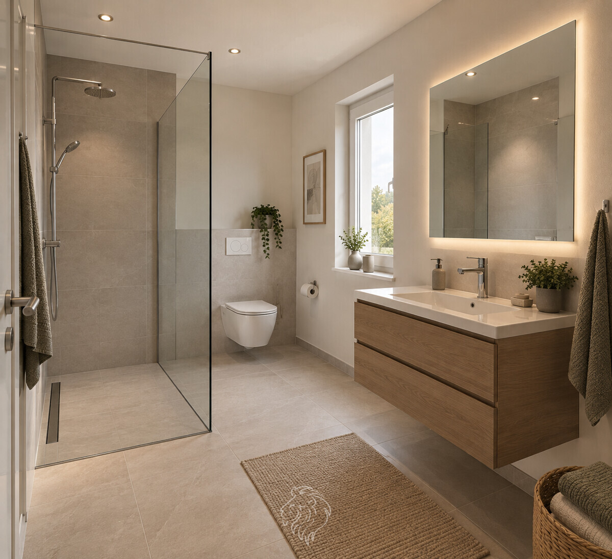 Badezimmer (wurde virtuell möbliert und dient zur Veranschaulichung)