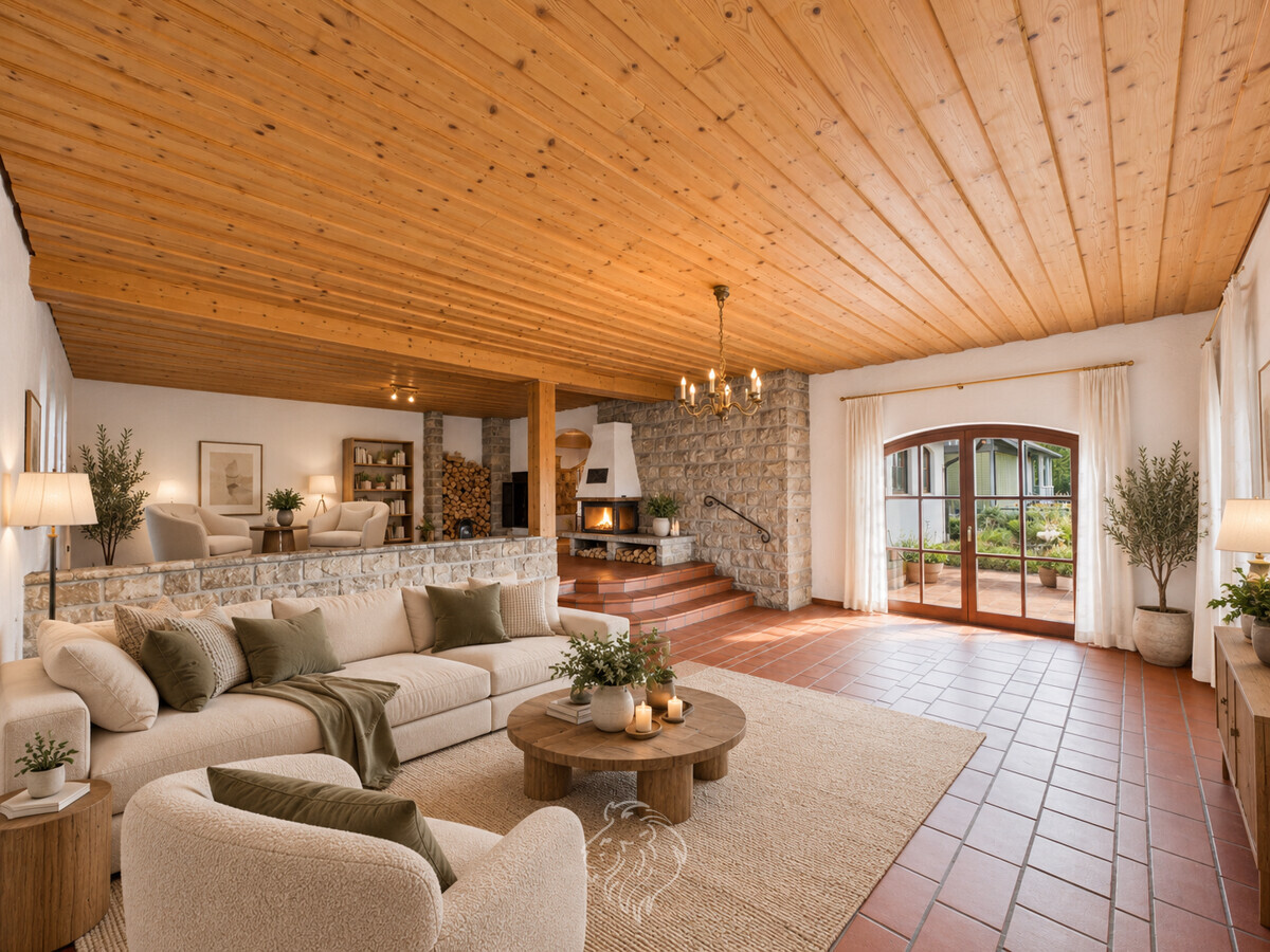 Wohnzimmer mit Kamin EG (wurde virtuell möbeliert)